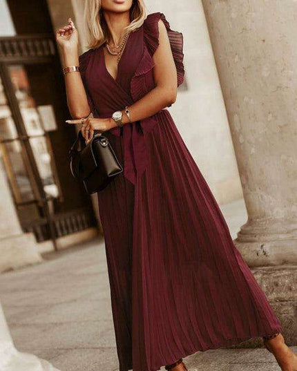Lotus Blossom Chiffon Dress with Flutter Sleeves and Deep V-Neck