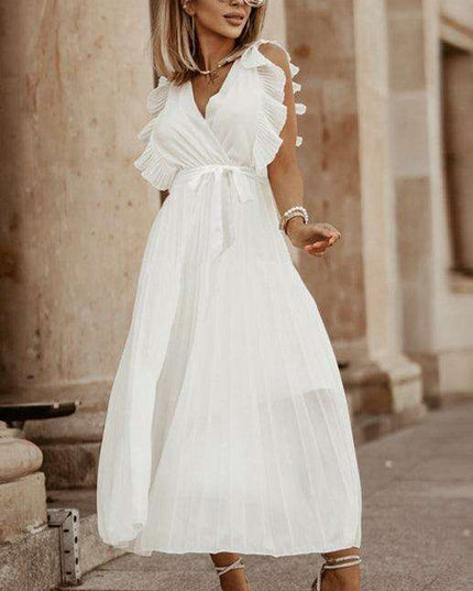 Lotus Blossom Chiffon Dress with Flutter Sleeves and Deep V-Neck