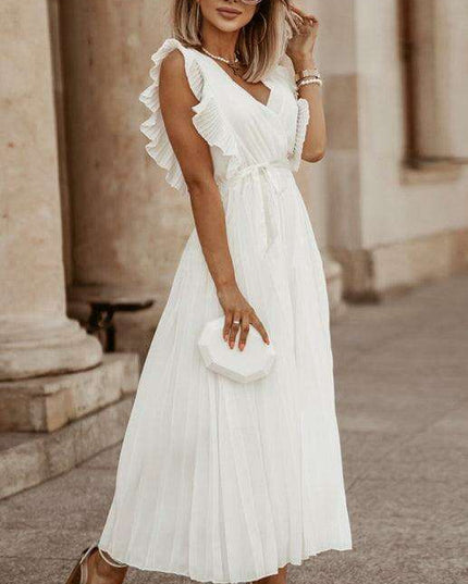 Lotus Blossom Chiffon Dress with Flutter Sleeves and Deep V-Neck