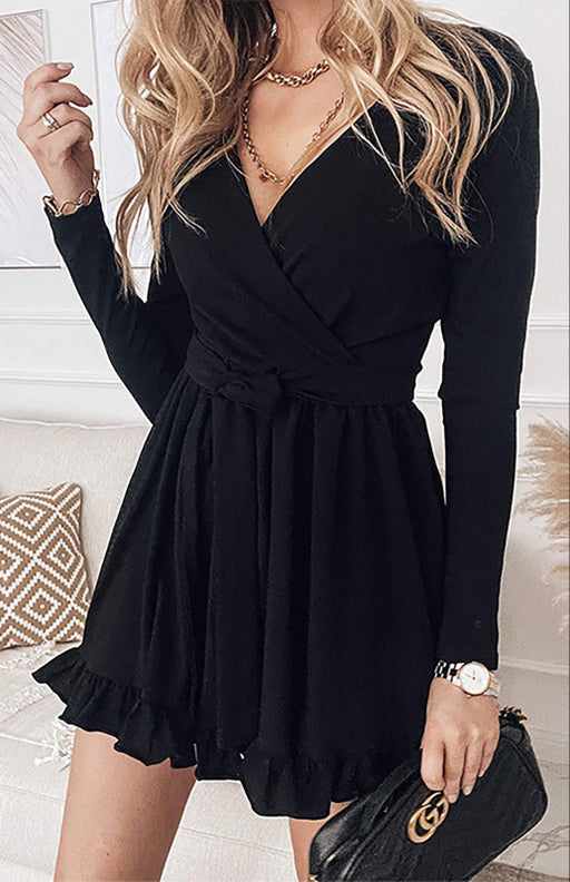 Elegant Lace-Up V-Neck Dress in Solid Color with Chic Embellishments
