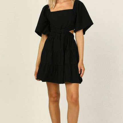 Bohemian Chic Mini Dress with Lantern Sleeves and Square Neckline for Women