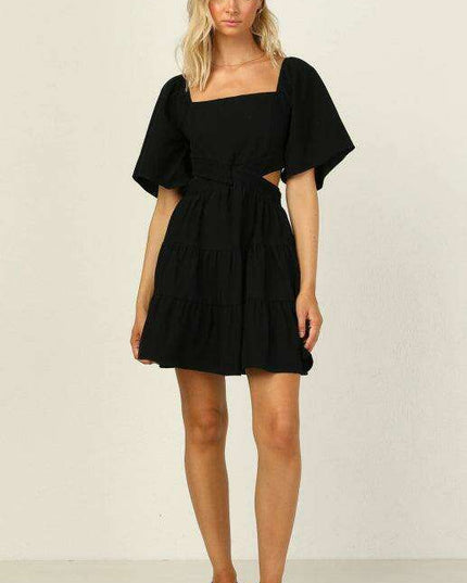 Bohemian Chic Mini Dress with Lantern Sleeves and Square Neckline for Women