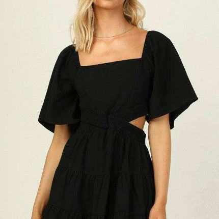 Bohemian Chic Mini Dress with Lantern Sleeves and Square Neckline for Women