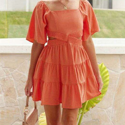 Bohemian Chic Mini Dress with Lantern Sleeves and Square Neckline for Women