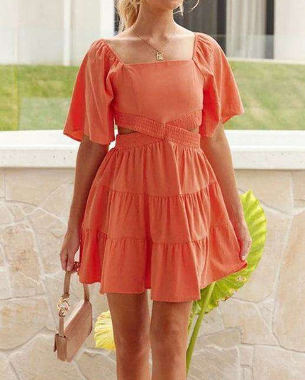 Bohemian Chic Mini Dress with Lantern Sleeves and Square Neckline for Women