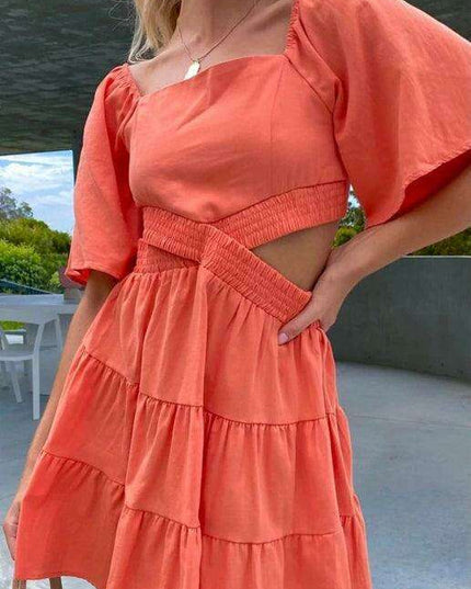 Bohemian Chic Mini Dress with Lantern Sleeves and Square Neckline for Women