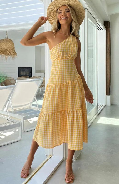 Boho Chic One-Shoulder Plaid Dress