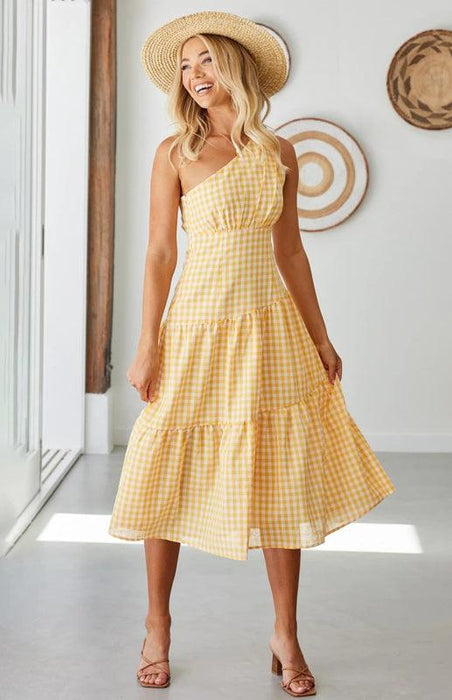 Boho Chic One-Shoulder Plaid Dress