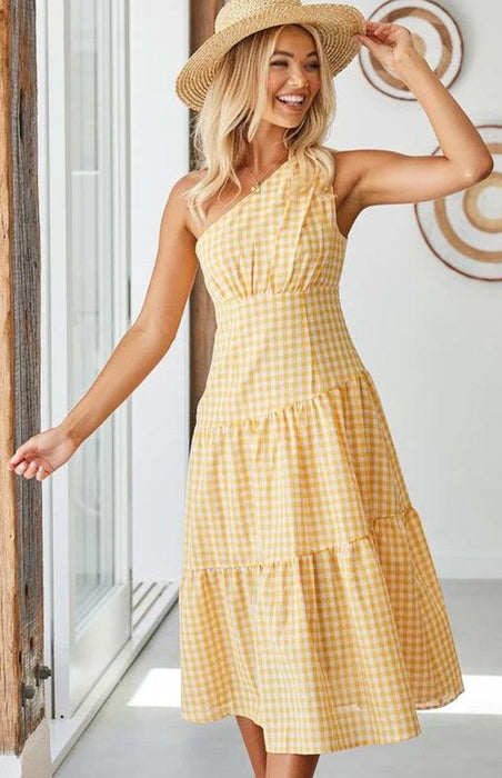 Boho Chic One-Shoulder Plaid Dress