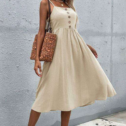 Sleek Sleeveless Hemp Dress with High Waist and Sling Collar