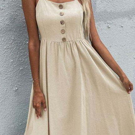 Sleek Sleeveless Hemp Dress with High Waist and Sling Collar
