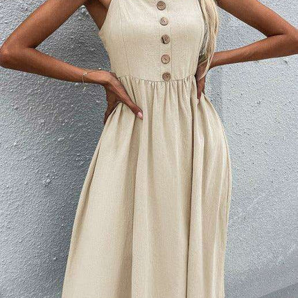 Sleek Sleeveless Hemp Dress with High Waist and Sling Collar