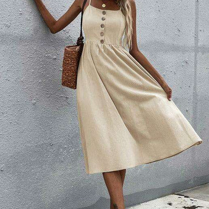 Sleek Sleeveless Hemp Dress with High Waist and Sling Collar