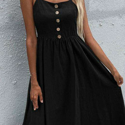 Sleek Sleeveless Hemp Dress with High Waist and Sling Collar