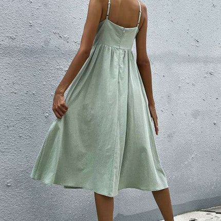 Sleek Sleeveless Hemp Dress with High Waist and Sling Collar