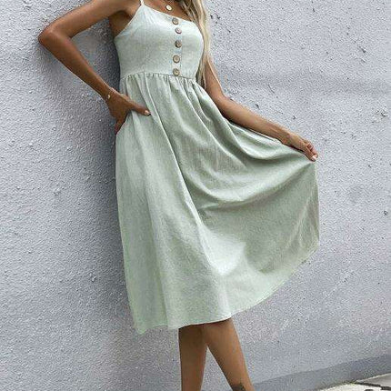 Sleek Sleeveless Hemp Dress with High Waist and Sling Collar