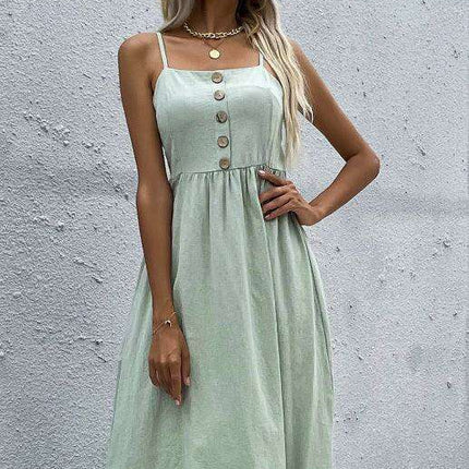 Sleek Sleeveless Hemp Dress with High Waist and Sling Collar