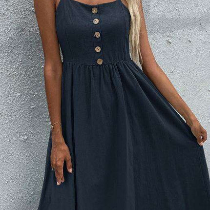 Sleek Sleeveless Hemp Dress with High Waist and Sling Collar