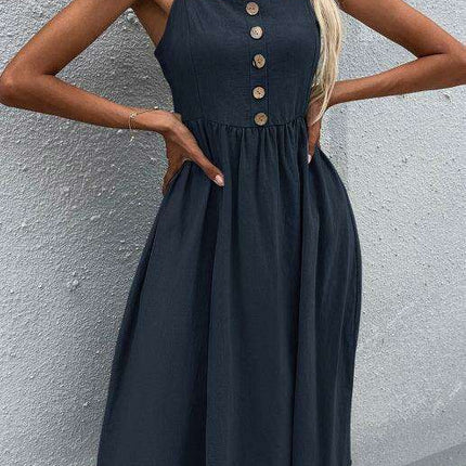 Sleek Sleeveless Hemp Dress with High Waist and Sling Collar