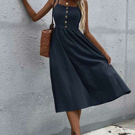 Sleek Sleeveless Hemp Dress with High Waist and Sling Collar