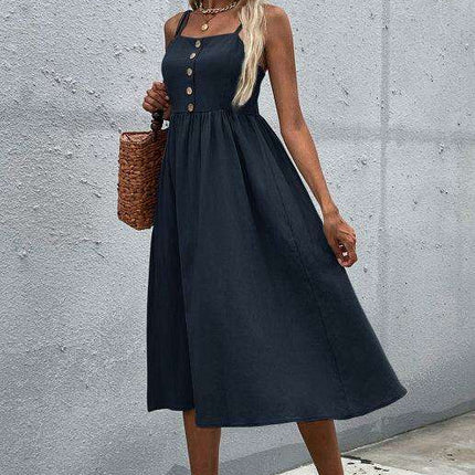 Sleek Sleeveless Hemp Dress with High Waist and Sling Collar