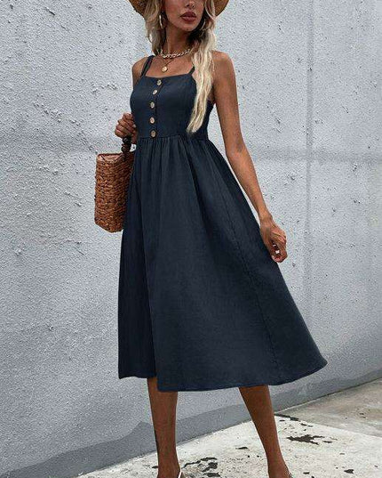 Sleek Sleeveless Hemp Dress with High Waist and Sling Collar