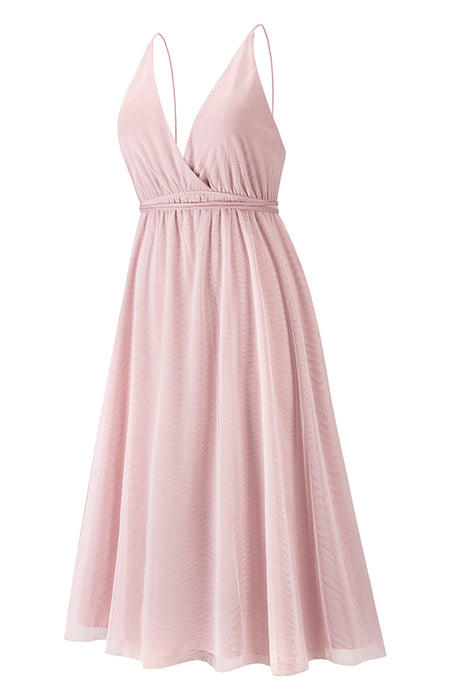 Elegant Lace-Up Mesh Puff Sleeve Deep V-Neck Backless Dress