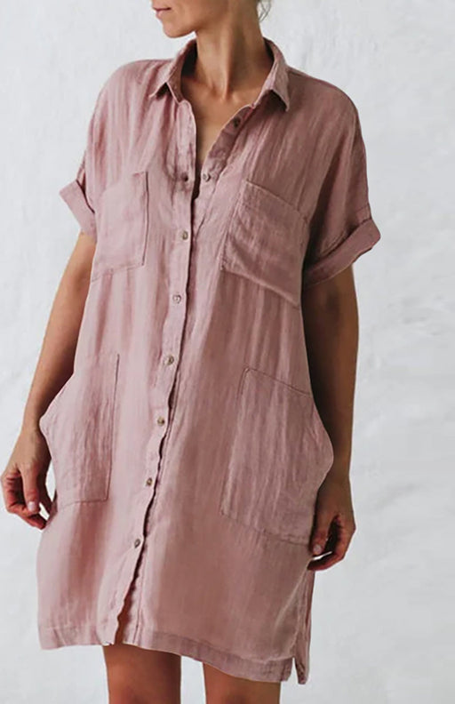 Elegant Lapel Collar Button-Up Shirt Dress with Pocket