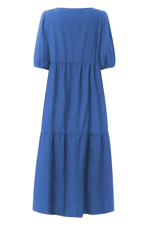 Linen Blend Puff Sleeve Babydoll Dress with Round Neck
