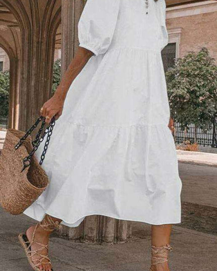 Chic Puff Sleeve Cotton Babydoll Midi Dress - Timeless Feminine Style