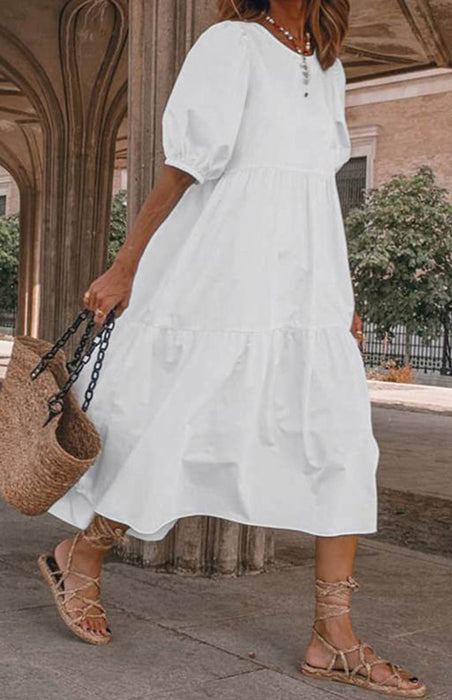 Luxe Cotton Puff Sleeve Babydoll Dress with Round Neck