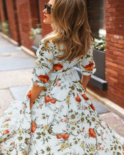 Bohemian Floral Print Dress with Vintage Charm for Year-Round Wear