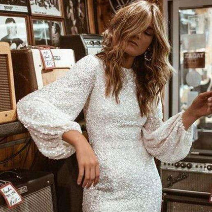 Glamorous Sequin-Embellished Pencil Skirt with Trendy Balloon Sleeves