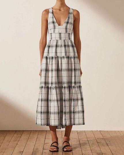 Glamorous Checkered V-Neck Dress with Elegant Open Back - Women's Stylish Fashion Essential