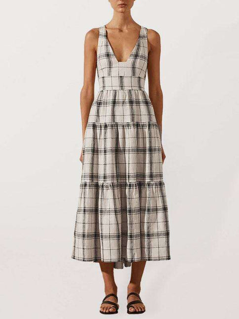 Glamorous Checkered V-Neck Dress with Elegant Open Back - Women's Stylish Fashion Essential