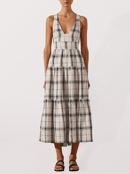 Checkered Backless V-Neck Dress for Women