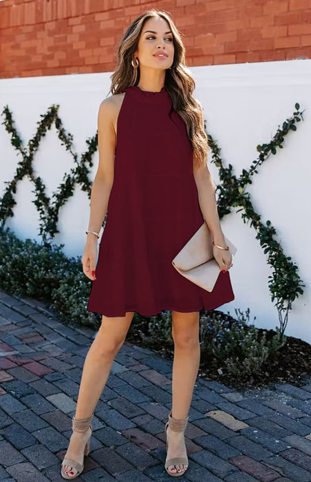 Solid Color Sleeveless Cotton Dress with Round Neck for Women