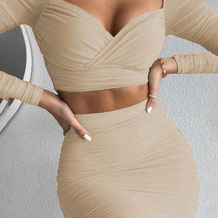 Chic Deep V Pleated Top and Flirty Mini Skirt Set