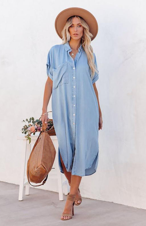 Women's Short Sleeve Button Pocket Dress with Casual Charm