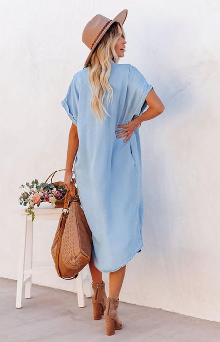 Chic Short Sleeve Button Up Dress with Pockets Ideal for Casual Outings