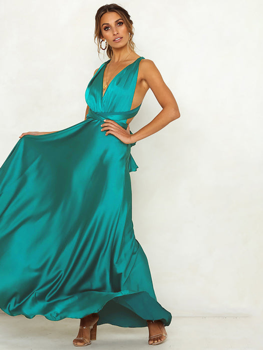 Elegant Deep V Backless Dress in Solid Color for Women