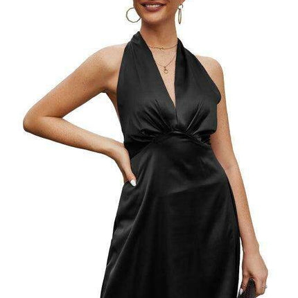 Glamorous Spring V-neck Satin Backless Dress for Women