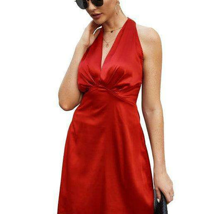 Glamorous Spring V-neck Satin Backless Dress for Women