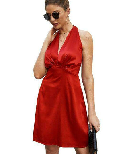 Glamorous Spring V-neck Satin Backless Dress for Women