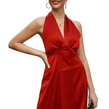 Glamorous Spring V-neck Satin Backless Dress for Women
