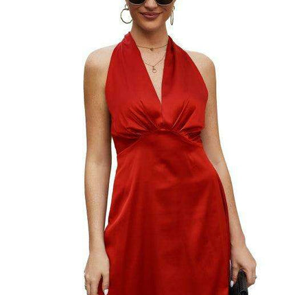 Glamorous Spring V-neck Satin Backless Dress for Women