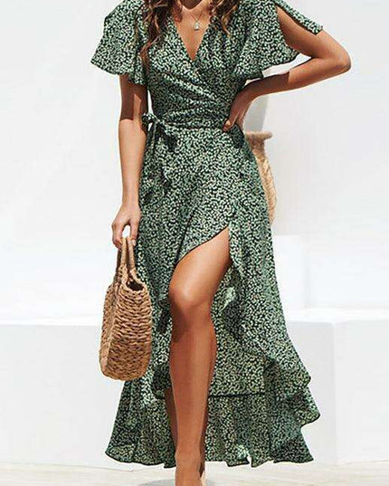 Elegant High Waist Tie Chiffon Dress with Irregular V-Neck - Women's Printed Fashion Dress