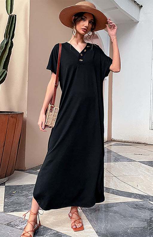 Button-Up V-Neck Solid Dress with Dropped Shoulder Sleeves