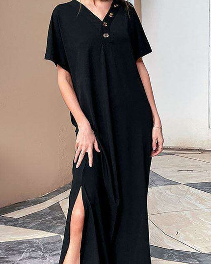 Elegant Solid V-Neck Dress with Button-Up Detailing and Relaxed Fit