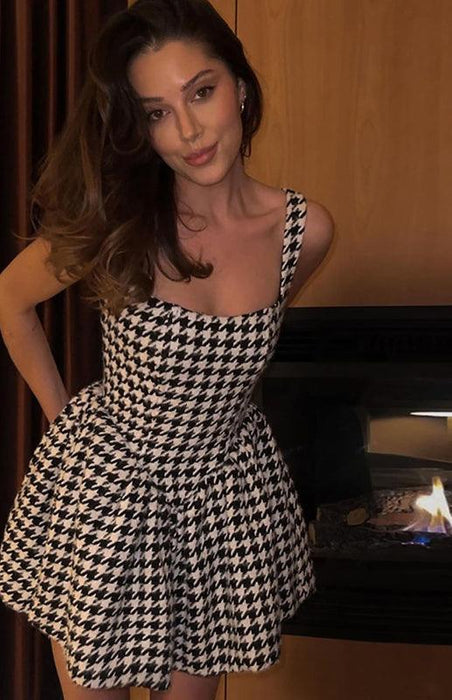Chic Off-Shoulder Houndstooth Cocktail Dress with Sexy Backless Design